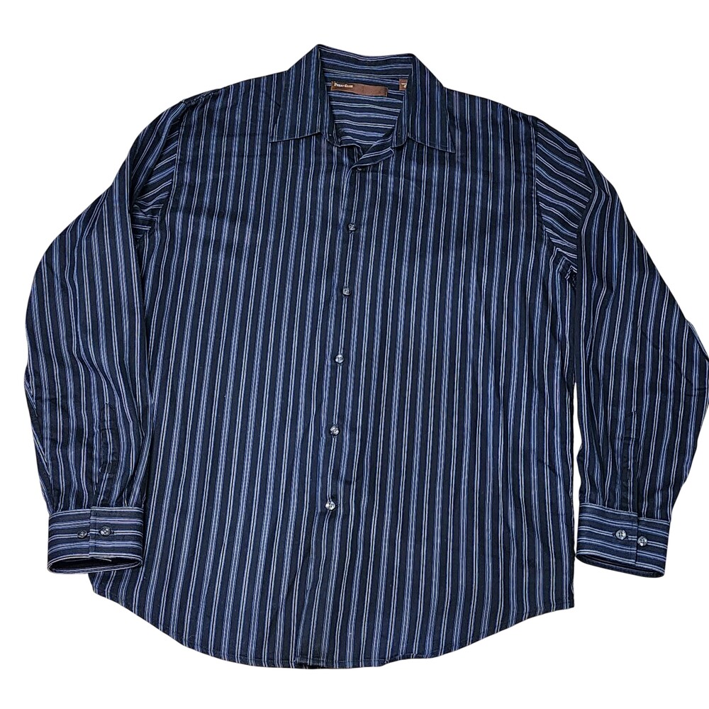 Perry Ellis Shirt Mens Large Blue Striped Long Sleeve Cotton Dress Business